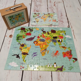 Puzzle Mapa Świata ze Zwierzętami w walizce