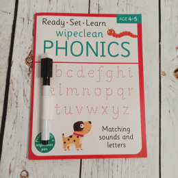 PHONICS wipe clean book + marker suchościeralny NOWA