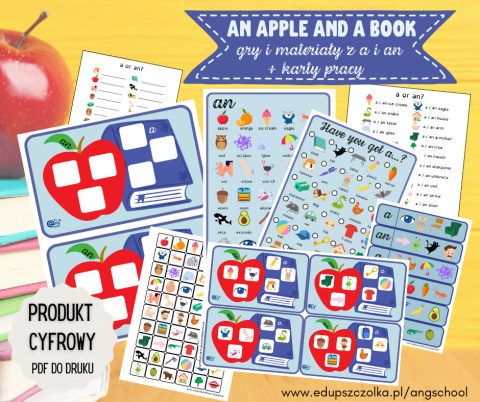 An apple and a book - gry, materiały i karty pracy z przedimkami a i an - plik PDF