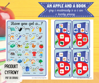 An apple and a book - gry, materiały i karty pracy z przedimkami a i an - plik PDF