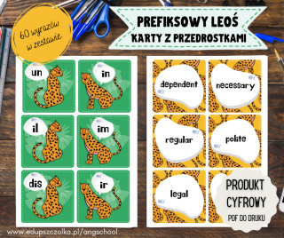 Prefiksowy Leoś z przedrostkami po angielsku - Słowotwórstwo - karty PDF