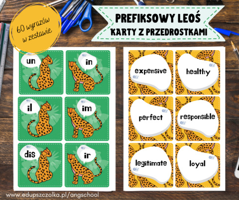 Prefiksowy Leoś z przedrostkami po angielsku - Słowotwórstwo - karty PDF