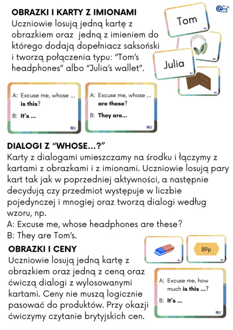 OUR THINGS - clothes, school supplies and personal gadgets - possessives, demonstratives, whose, how much zestaw do druku PDF