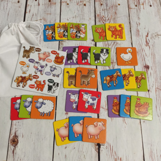 FARM ANIMALS - 25 kart ze zwierzętami z farmy, na wsi z kostką - w woreczku do losowania