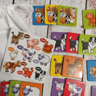 FARM ANIMALS - 25 kart ze zwierzętami z farmy, na wsi z kostką - w woreczku do losowania