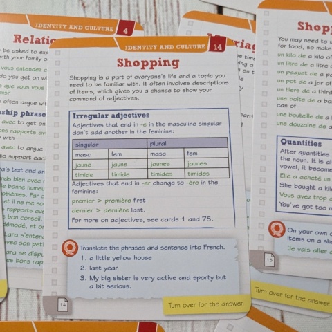 French GCSE Revision Cards nauka francuskiego z angielskimi tłumaczeniami