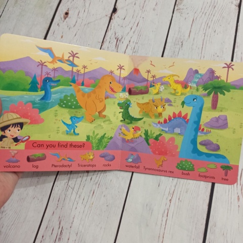 Seek and Find - książeczka do poszukiwania słówek na farmie, plaży, wsród dinozaurów oraz w Afryce