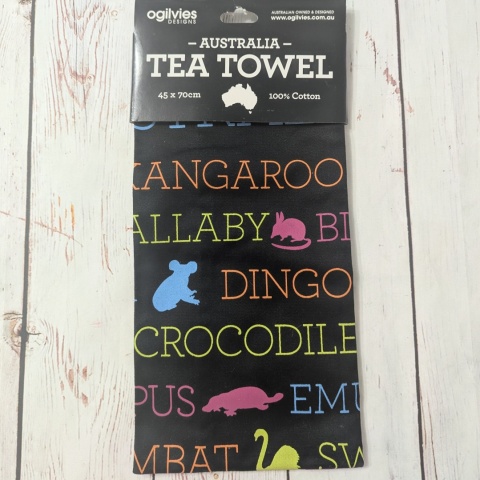 Australia Tea Towel z nazwami Australijskich Zwierząt - idealna jako mata do zajęć kulturowych 45x70 cm NOWA