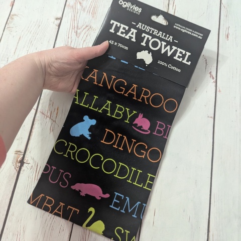 Australia Tea Towel z nazwami Australijskich Zwierząt - idealna jako mata do zajęć kulturowych 45x70 cm NOWA