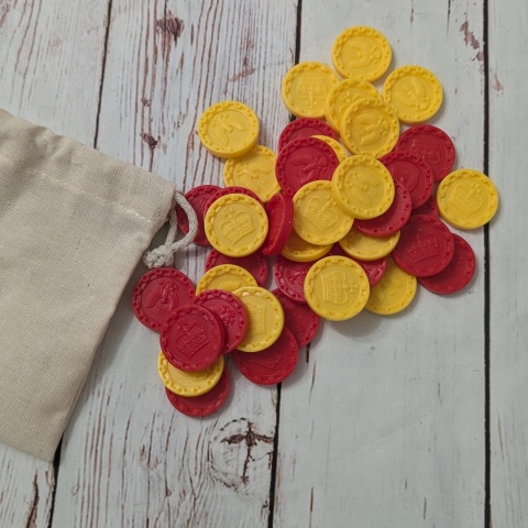 Zestaw 40 żetonów - 2 kolory w woreczku - z koroną stylizowaną na brytyjską oraz orzełkiem z drugiej strony
