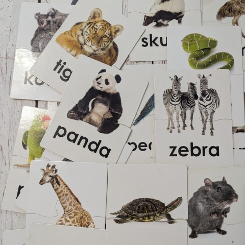 ANIMAL WORDS 52 cards - karty obrazkowe w formie układanek dwuczęściowych