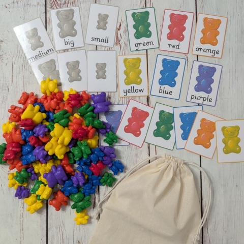 Kolorowe Misie zestaw 80 sztuk w trzech rozmiarach wraz z kartami po angielsku