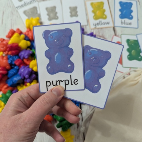 Kolorowe Misie zestaw 80 sztuk w trzech rozmiarach wraz z kartami po angielsku