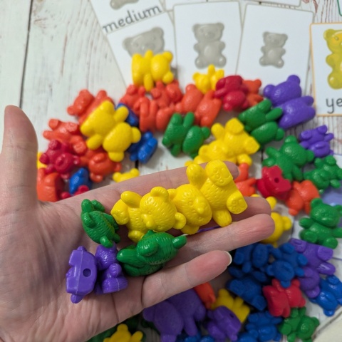 Kolorowe Misie zestaw 80 sztuk w trzech rozmiarach wraz z kartami po angielsku