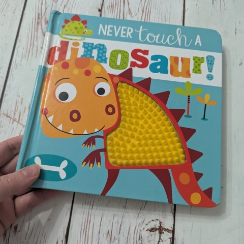 Książka Never Touch a Dinosaur - sensoryczna książka po angielsku UŻYWANA