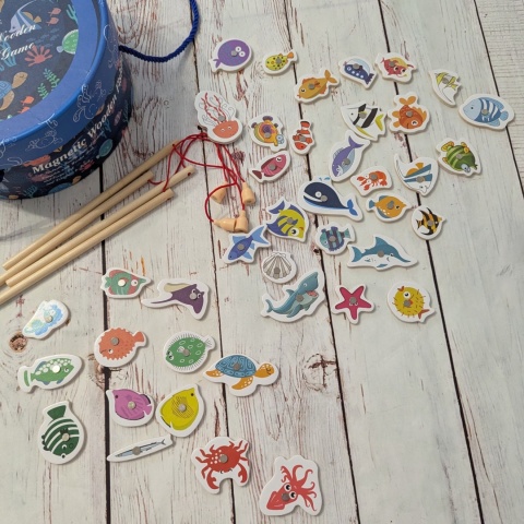 Magnetic Wooden Fishing Game - Zestaw do łowienia morskich zwierząt z wędkami i kotkiem na magnes